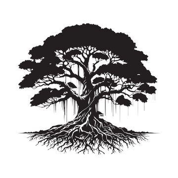 banyan tree silhouette in black color, banyan tree hand drawn vector, Banyan Tree Silhouette Vector Illustration Set