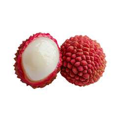 Fresh lychee fruit cut in half showcasing its juicy white flesh and textured skin
