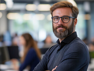 An operations manager conducting a walk-through of the office, checking in with employees and discussing workflow improvements, as teams work diligently at their desks