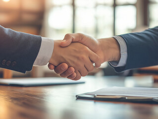 A pair of business partners sitting in a quiet office, signing a partnership agreement, with documents neatly arranged on the table and a handshake sealing the deal