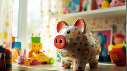 Obraz premium Colorful ceramic piggy bank in a playful nursery setting surrounded by various children's toys and vibrant decor.