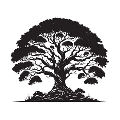 banyan tree silhouette in black color, banyan tree hand drawn vector, Banyan Tree Silhouette Vector Illustration Set