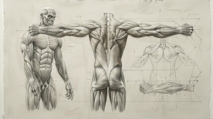 Detailed anatomical illustration of the human muscular system, showcasing front and back views with a focus on muscle definition and structure.