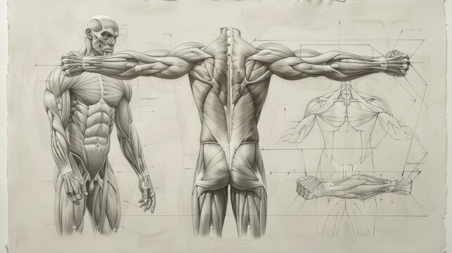 Detailed anatomical illustration of the human muscular system, showcasing front and back views with a focus on muscle definition and structure.