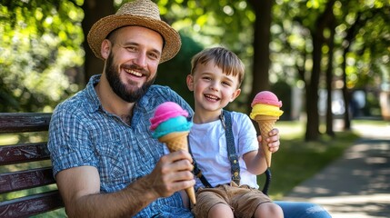 Father and son enjoying colorful ice cream cones on a sunny day in the park, seated on a bench under the shade of trees, both smiling happily.