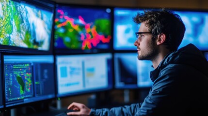 Focused professional analyzing complex data on multiple screens in a darkened room. Ideal for themes of technology, data analysis, and cybersecurity.