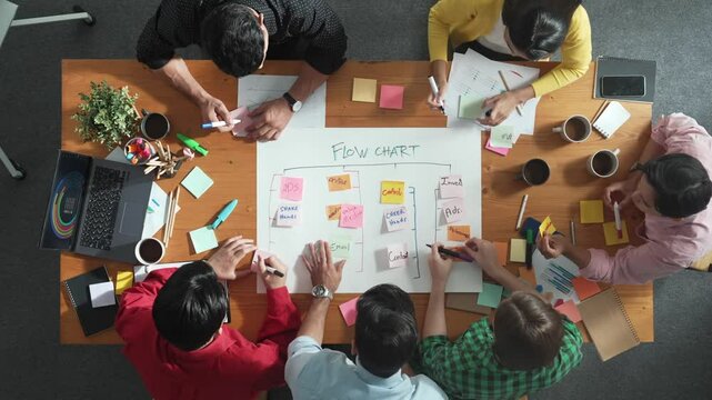 Top down aerial view of professional business people hands making scrum task board to manage workflow in workplace. Diverse marketing team writing and working together at meeting room. Convocation.