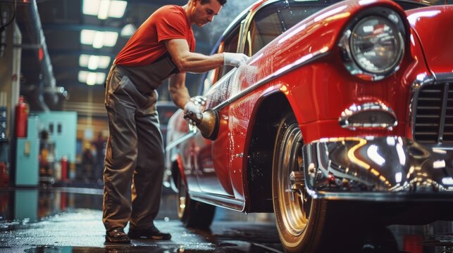 Mechanic polishing a vintage red car in a garage, showcasing detailing work and automotive care on a classic vehicle.