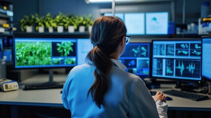 Scientist analyzing plant samples on computer screens in modern laboratory with advanced technology and research equipment.
