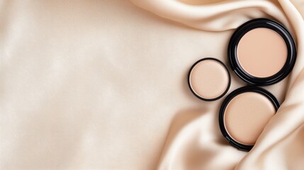 Elegant display of creamy makeup products arranged on silky fabric, perfect for beauty and cosmetic themes.