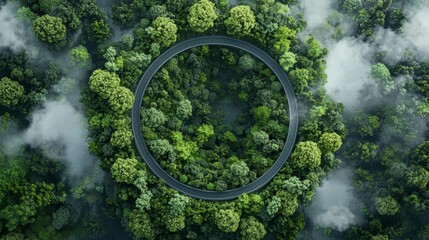 Aerial view of a circular road surrounded by lush green trees and mist, highlighting nature's beauty and human design.