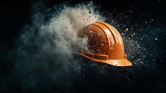 An orange construction helmet bursts through dust and debris, symbolizing safety and protection in hazardous environments.