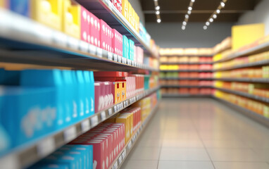 Blurry shopping shelves in supermarkets and department stores