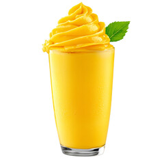 Refreshing mango smoothie in a glass with whipped topping and a leaf garnish. Perfect for summer and tropical vibes.