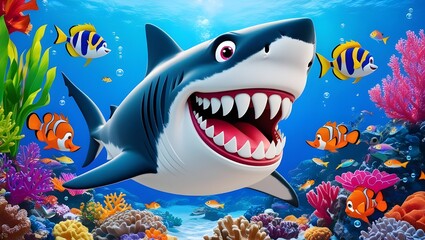 Playful cartoon shark with oversized teeth, grinning widely, swimming in a tropical coral reef, surrounded by colorful fish, vibrant underwater plants, and bubbles, bright and cheerful colors, 