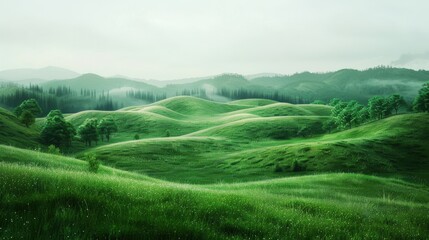 Obraz premium Beautiful rolling green hills with lush trees and misty atmosphere, capturing the serene and tranquil nature of a peaceful countryside landscape.