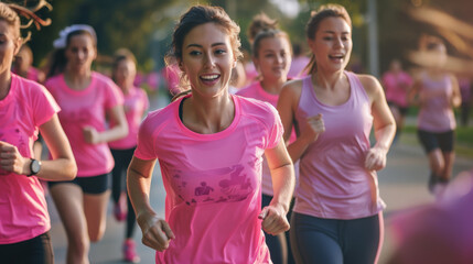 Women Running in Pink Shirts at Breast Cancer Awareness Event
