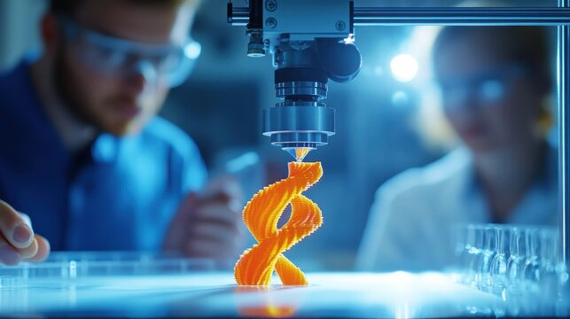 Close-up of two engineers using a 3D printer to create a complex design. Innovation and technology in additive manufacturing.