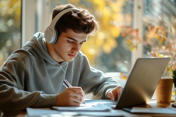 A young man is writing on paper while studying online at home with a laptop, headphones on, in a bright room near a window