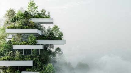 Futuristic building design featuring green terraces and lush vegetation, blending nature with modern architecture in an eco-friendly setting.