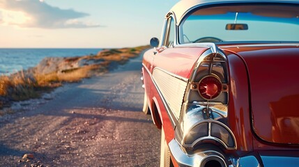 A close-up of a classic car on a road with a beach and ocean in the background.