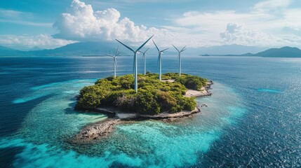 Wind Turbines on Tropical Island with Blue Ocean and Clouds
