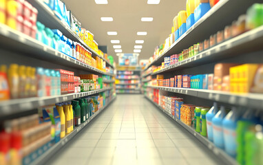 Blurry shopping shelves in supermarkets and department stores