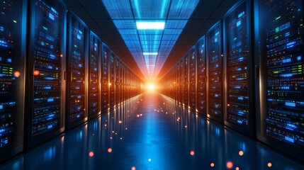 Data Center Server Room with Blue Lights and Reflections