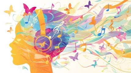 Obraz premium An imaginative illustration featuring a colorful head with music notes, brain waves, and butterflies on a white backdrop