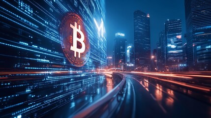 Bitcoin Cryptocurrency Symbol and Cityscape at Night