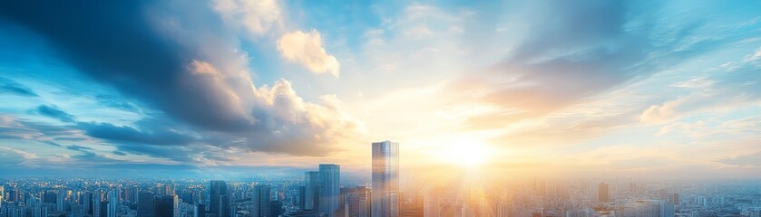Obraz premium Golden Hour Skyline Cityscape with Dramatic Clouds