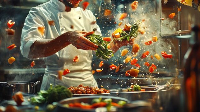 Vibrant Kitchen Action: A Chef Tosses Fresh Vegetables in a Dynamic Close-Up – Perfect for a Sports or Culinary-Themed Poster