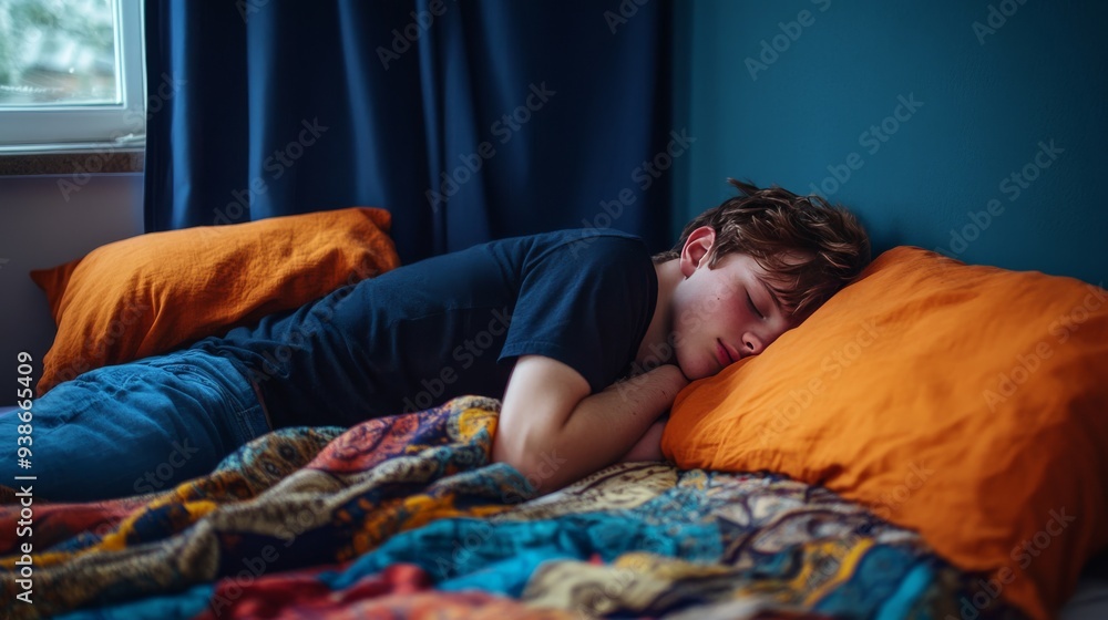 Wall mural a male teenager rests peacefully in his bed, wearing a black shirt and blue jeans, with orange pillo