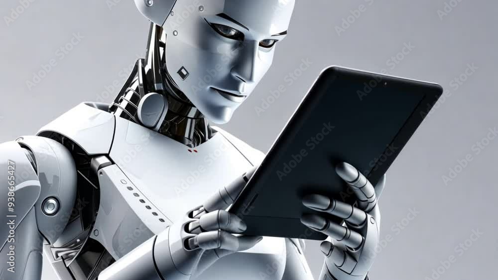 Poster a robot using a tablet, isolated on a white background,generative ai