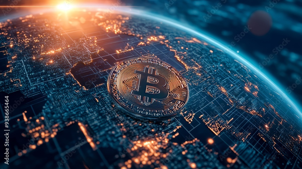 Poster bitcoin cryptocurrency globe global digital currency blockchain technology