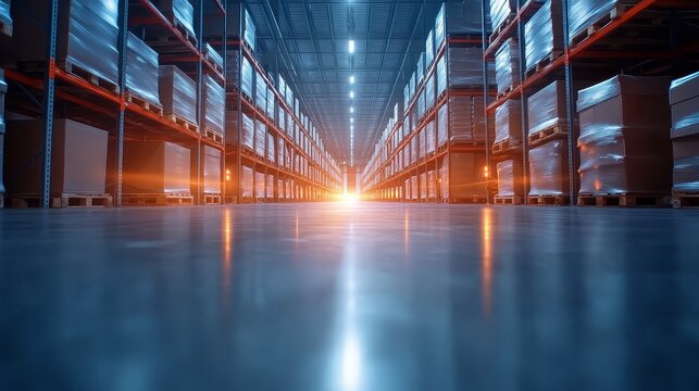 Warehouse Storage Shelves with Palletized Goods and Bright Light