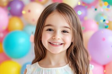 Happy young girl smiling brightly, surrounded by colorful balloons and confetti at a joyful birthday celebration