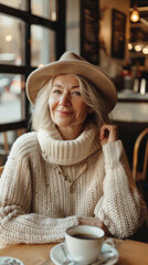 Joyful Woman Embracing Life at Caf&eacute; After Cancer Recovery
