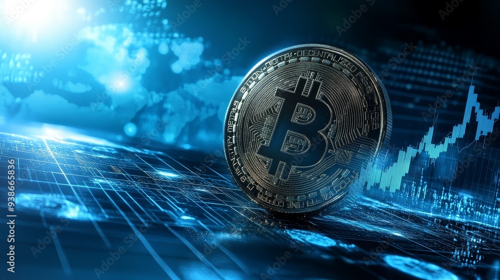 Poster bitcoin cryptocurrency on digital network with world map and graph