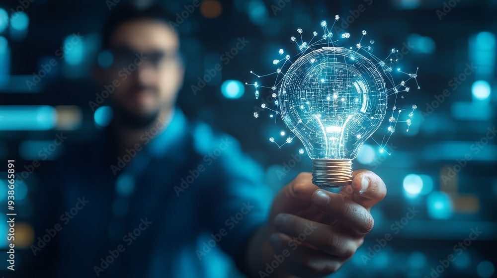 Poster man holding a glowing lightbulb with a network of lines