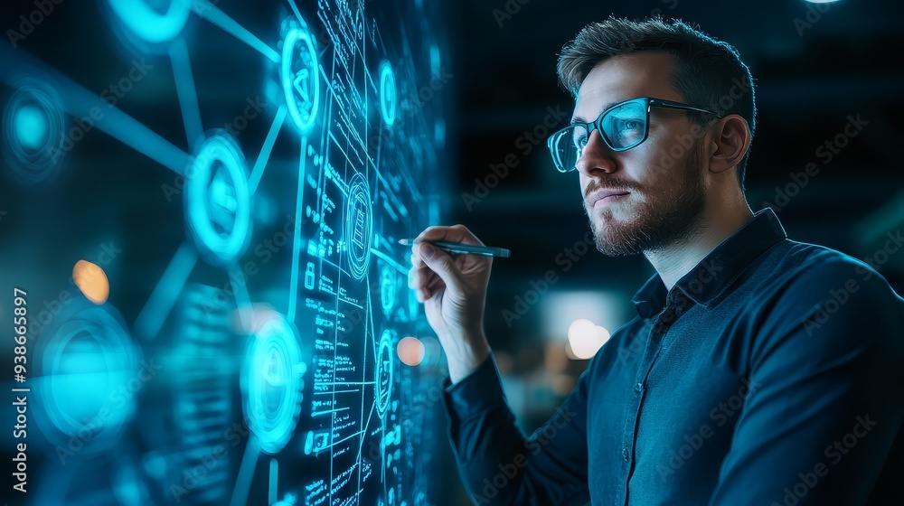 Poster man with glasses analyzing data on digital screen