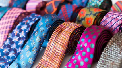 A collection of colorful neckties arranged neatly on a white surface.