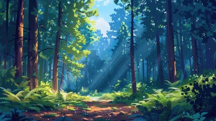 Obraz premium A calm forest scene with sunlight streaming through the towering redwoods, casting long shadows and a warm glow on the fern-covered forest floor.