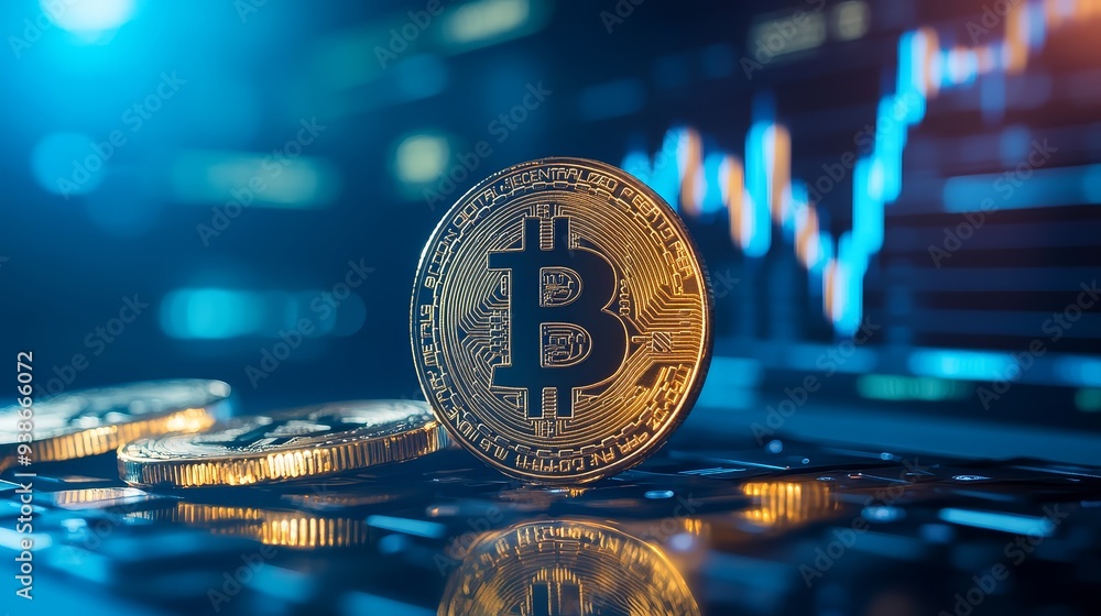 Poster bitcoin cryptocurrency gold coin on keyboard with chart in background