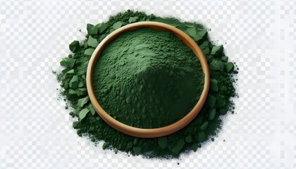 organic green Spirulina powder, raw isolated on transparent or white, top view, PNG