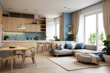 Pleasant studio apartment interior design, modern living room and kitchen