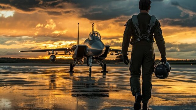 Photo of Air Force pilot getting out of his fighter jet. The ground is wet, and there are some reflections on it. The pilot holds his helmet under one arm while walking away from the aircraft.