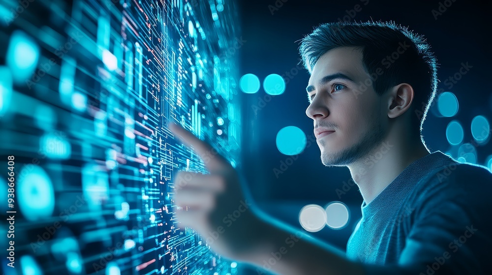 Poster man interacting with digital interface futuristic technology data visualization blue light