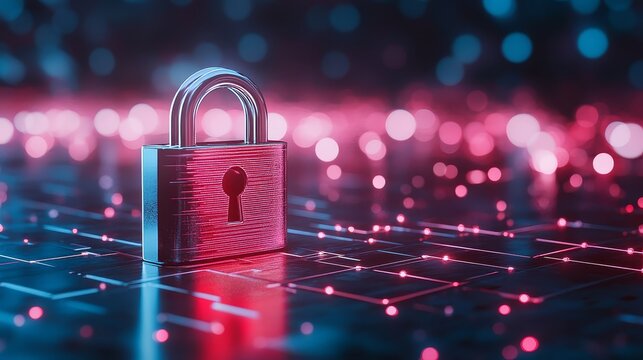 Cyber Security   Padlock on Circuit Board with Neon Lights - Powered by Adobe