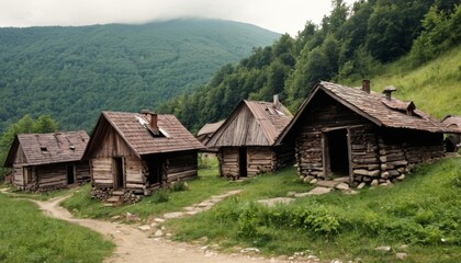 Obraz premium Nestled in natures embrace Rustic mountain cabins
